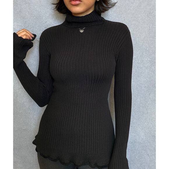 Vintage 90s Y2K Calvin Klein Jeans Ribbed Velvet Ruffle Hem Turtleneck Sweater M - Picture 1 of 8